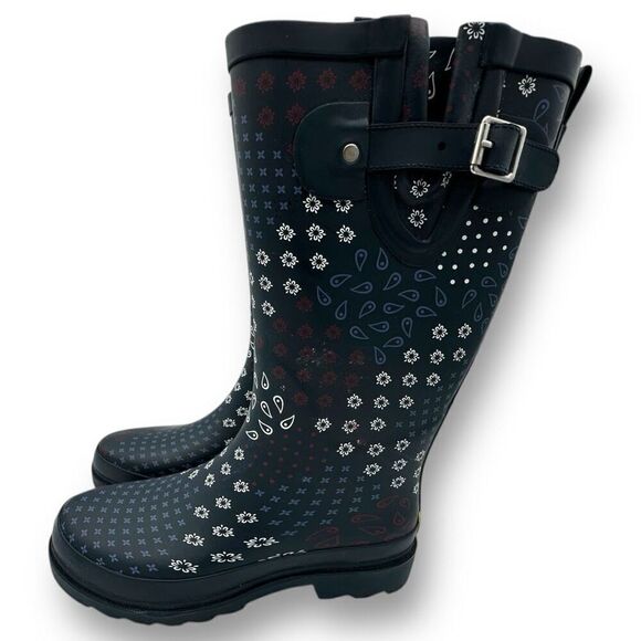 New Western Chief Womens Pretty Pattern Printed Tall Rain Boots Navy Blue Size 6 - Picture 1 of 12